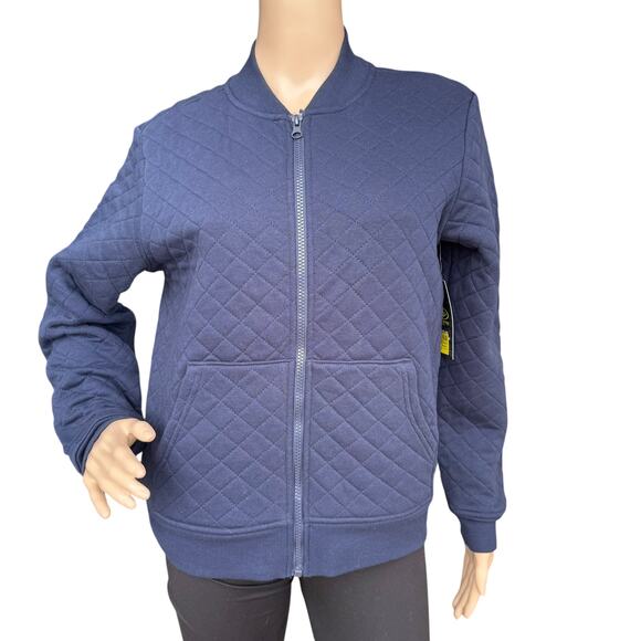 Athletic Works S Navy Blue Quilted Bomber Jacket Full Zip Ribbed Activewear Coat - Picture 1 of 6